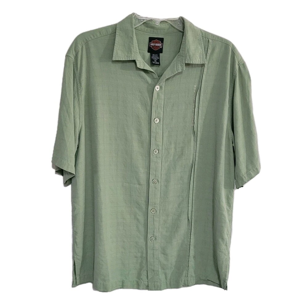 Harley Davidson Shirt Men M Green Silk Hawaiian Camp Button Up Embroidery Shirt